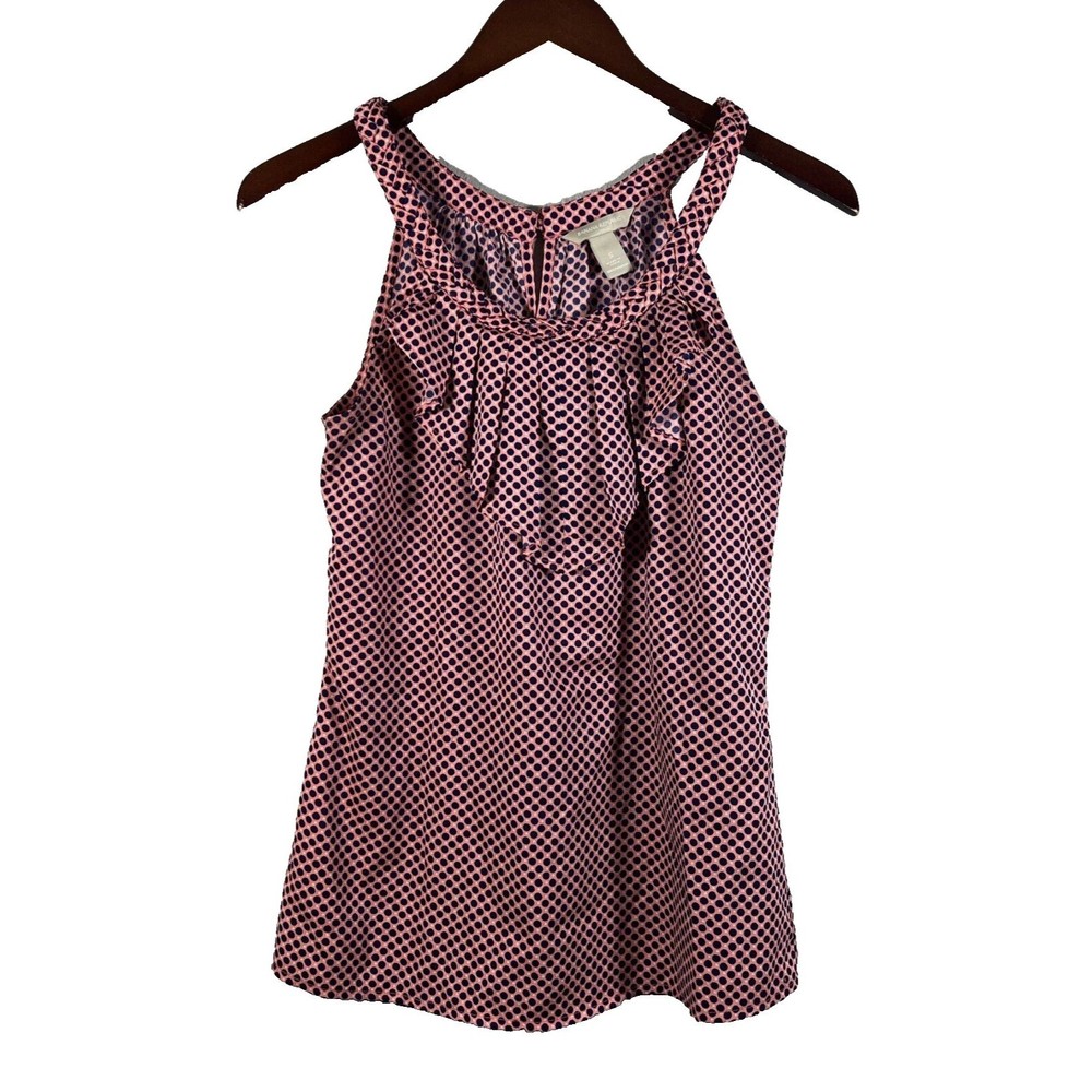 Banana Republic Dark Navy & Salmon Ruffled Neck Sleeveless Top Size Small